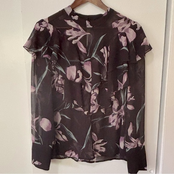 Le Chateau| Black & Lavender Floral Ruffled Semi-Sheer Long Sleeve Blouse Sz L - Picture 1 of 5